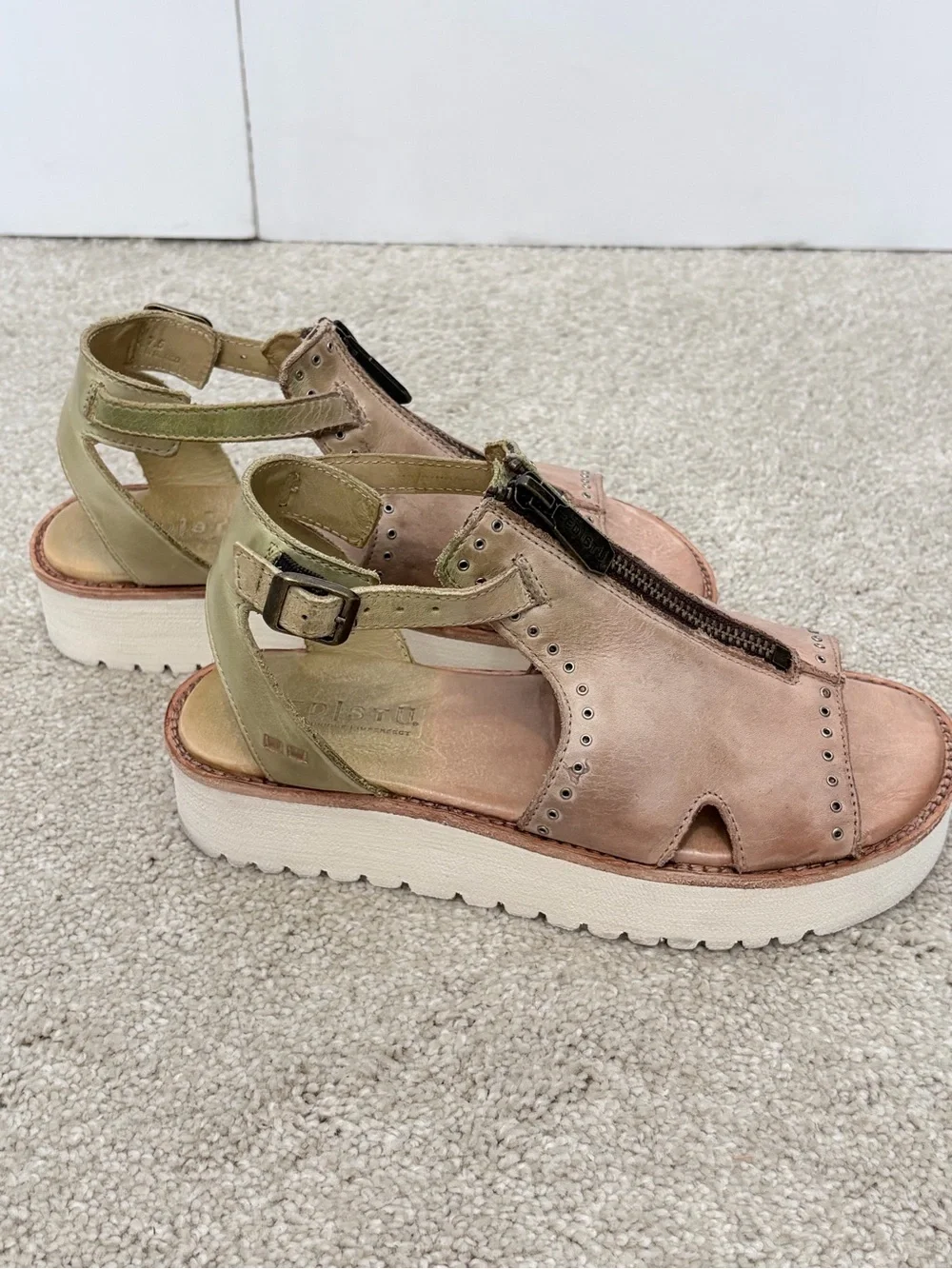 Bed Stu Pink Leather Front-Zip Studded Sandals